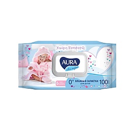 Салфетки влажные для детей с алоэ и витамином Е 100 шт Aura Ultra Comfort