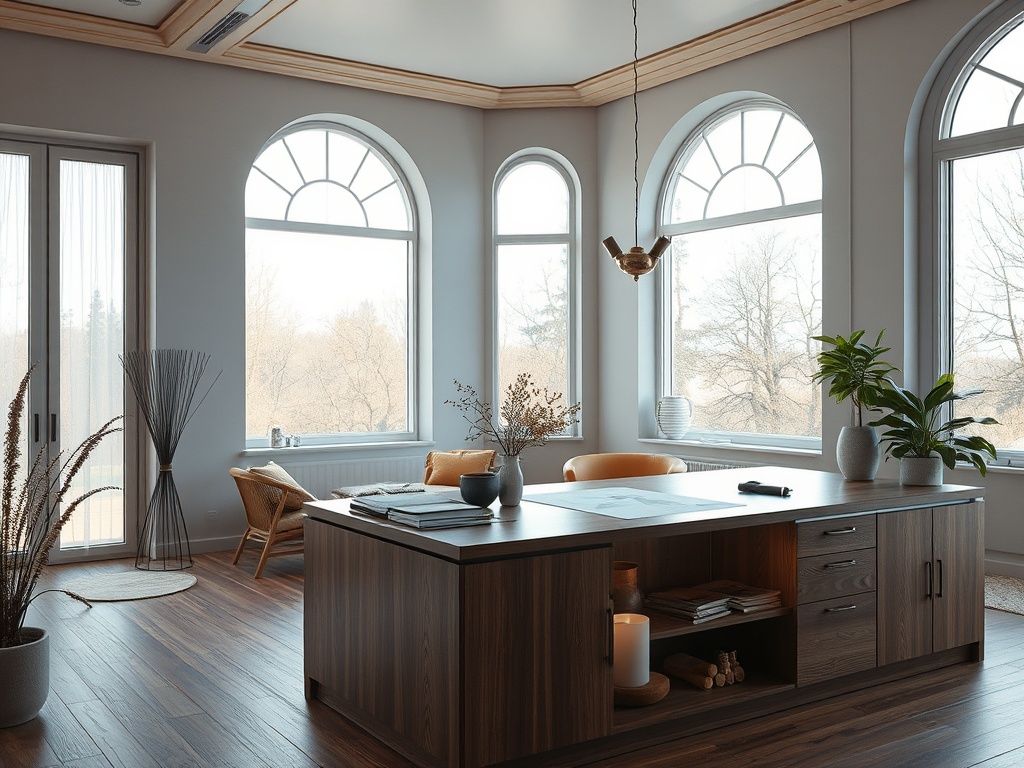 Современный офис с деревянным столом, большими окнами и уютными растениями на фоне зимнего пейзажа.