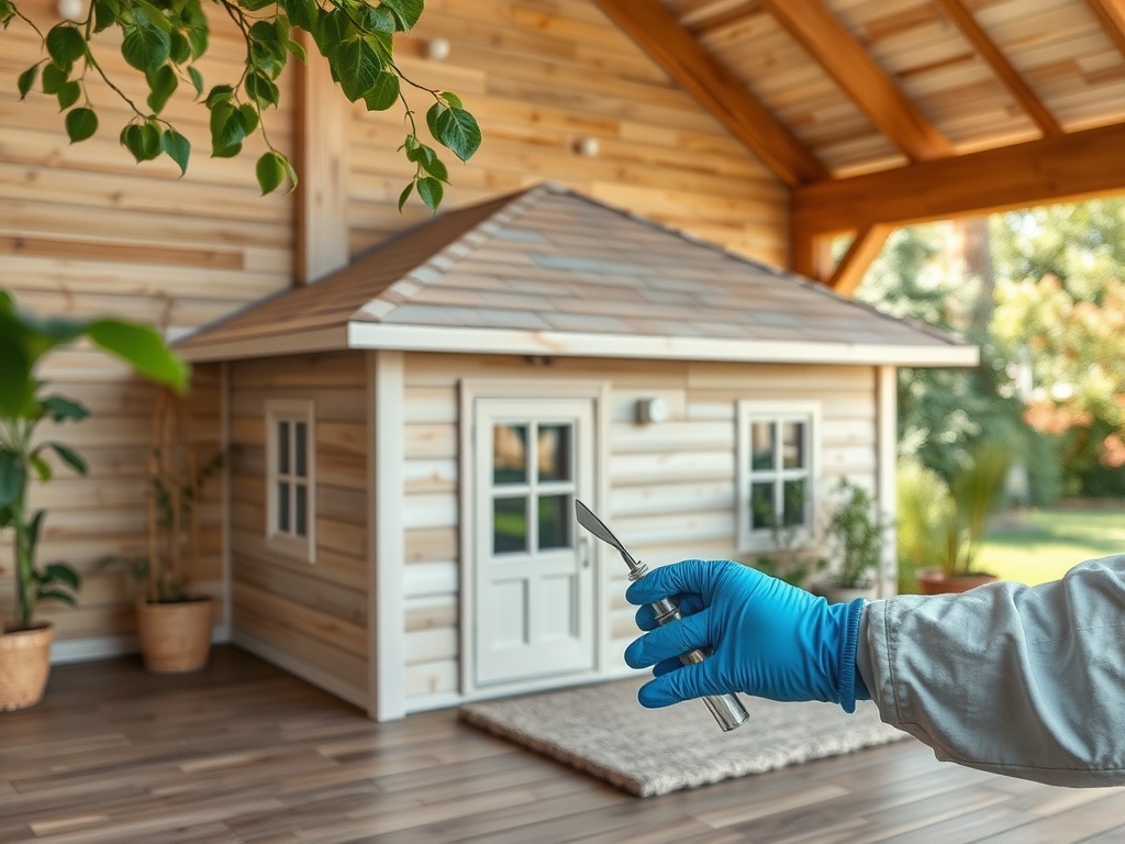 На изображении человек в синей перчатке держит инструмент рядом с деревянным домом на фоне зелени.