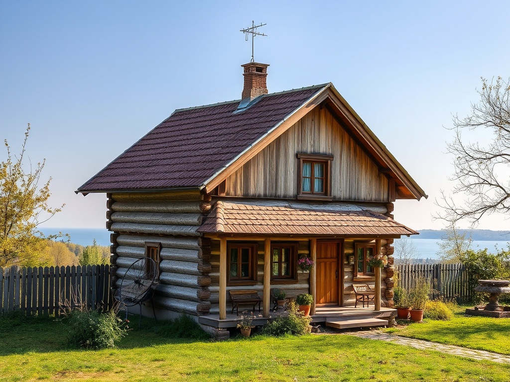Красивый деревянный дом с крышей из черепицы, окруженный зеленым садом и видом на водоем.