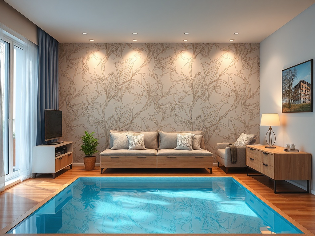 Современная гостиная с диваном, креслом, телевизором и небольшим бассейном на полу. Стены с растительным узором.
