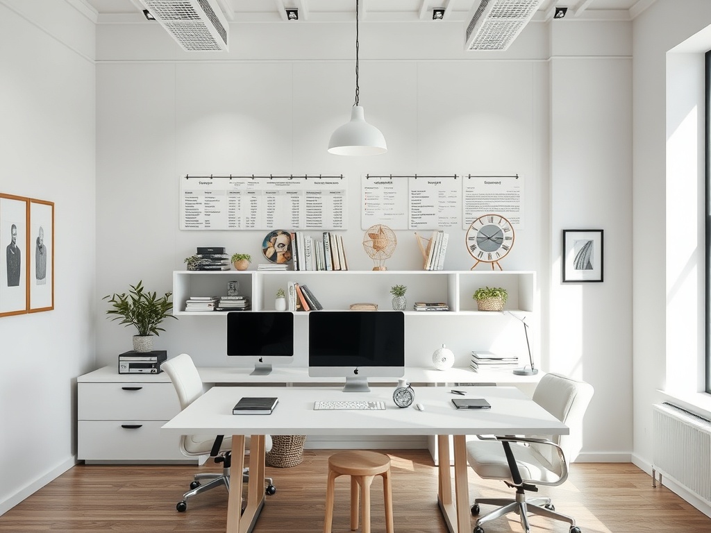 Современный офис с белой мебелью, двумя компьютерами и зелеными растениями на полках. Светлое и уютное пространство.