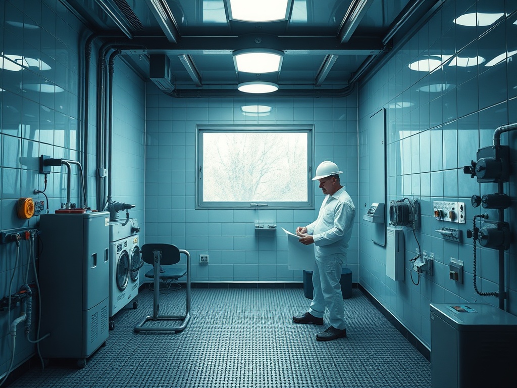 Мужчина в белой одежде и каске стоит в комнате с оборудованием и записывает информацию.