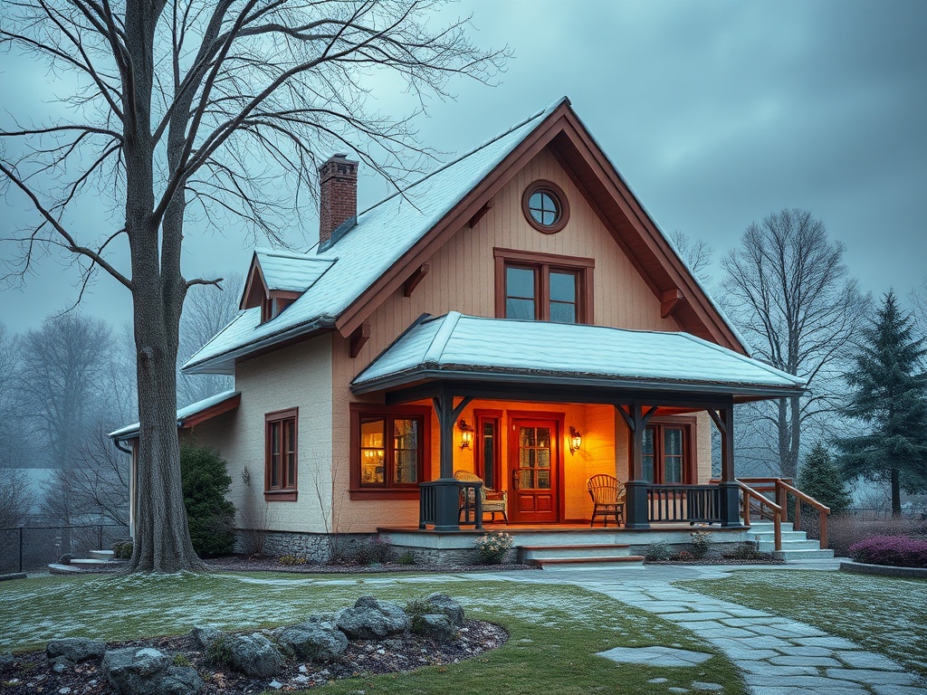 На картине изображён уютный дом с крышей, покрытой снегом, и теплым светом из окон в сером свете дня.