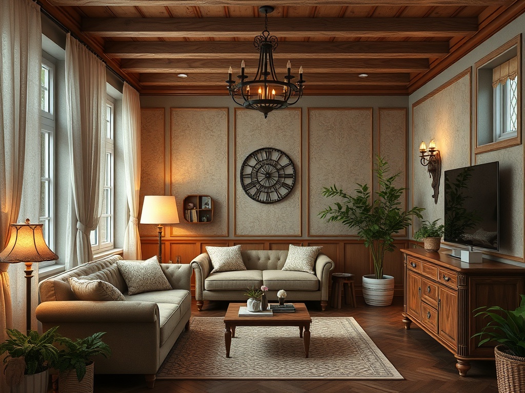 Современная гостиная с уютной мебелью, красивыми шторами и растениями на фоне деревянных стен и потолка.