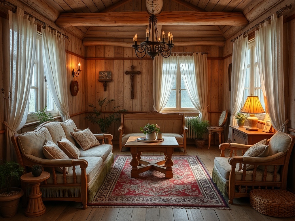 Уютная комната с деревянными стенами, мягкой мебелью и роскошным освещением, наполняющая атмосферой тепла.