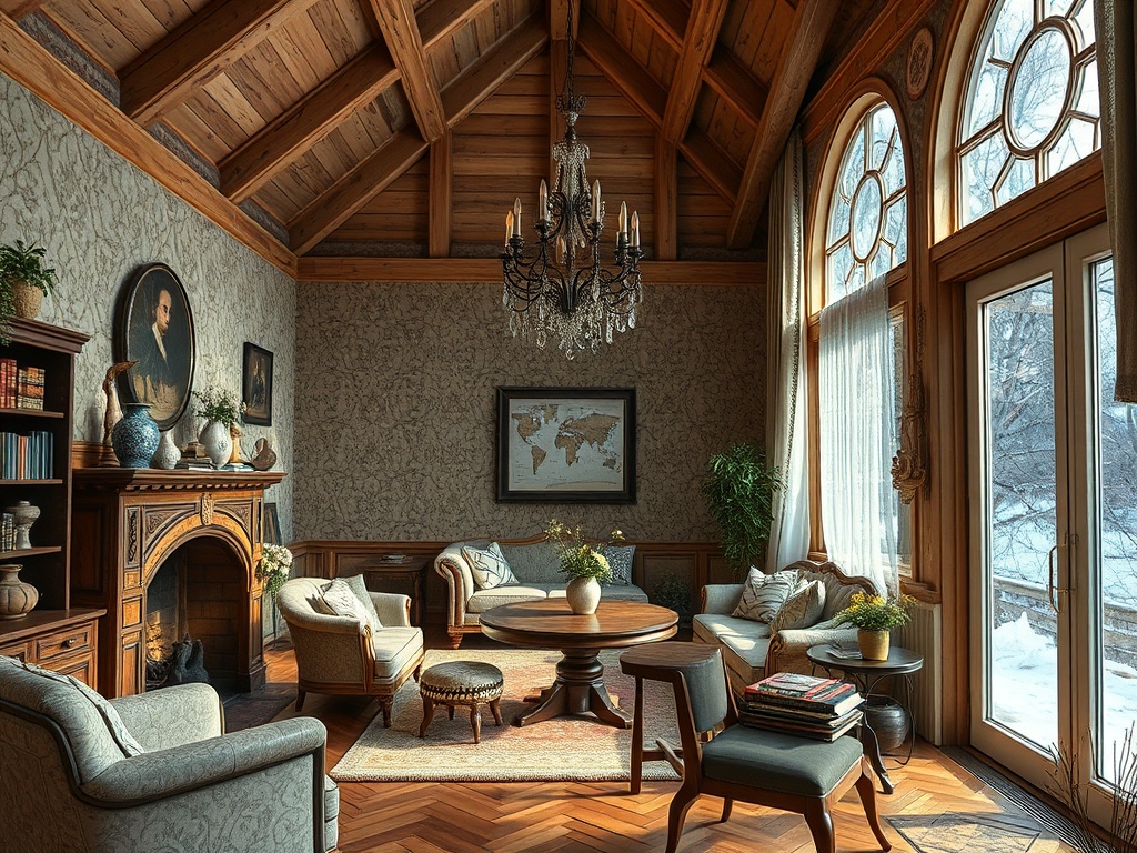 Уютная гостиная с деревянным потолком, камином и большими окнами, украшенная картины и зелеными растениями.