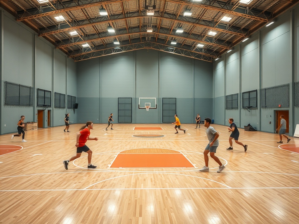 Несколько человек играют в баскетбол в большом спортзале с деревянным полом и кольцом.