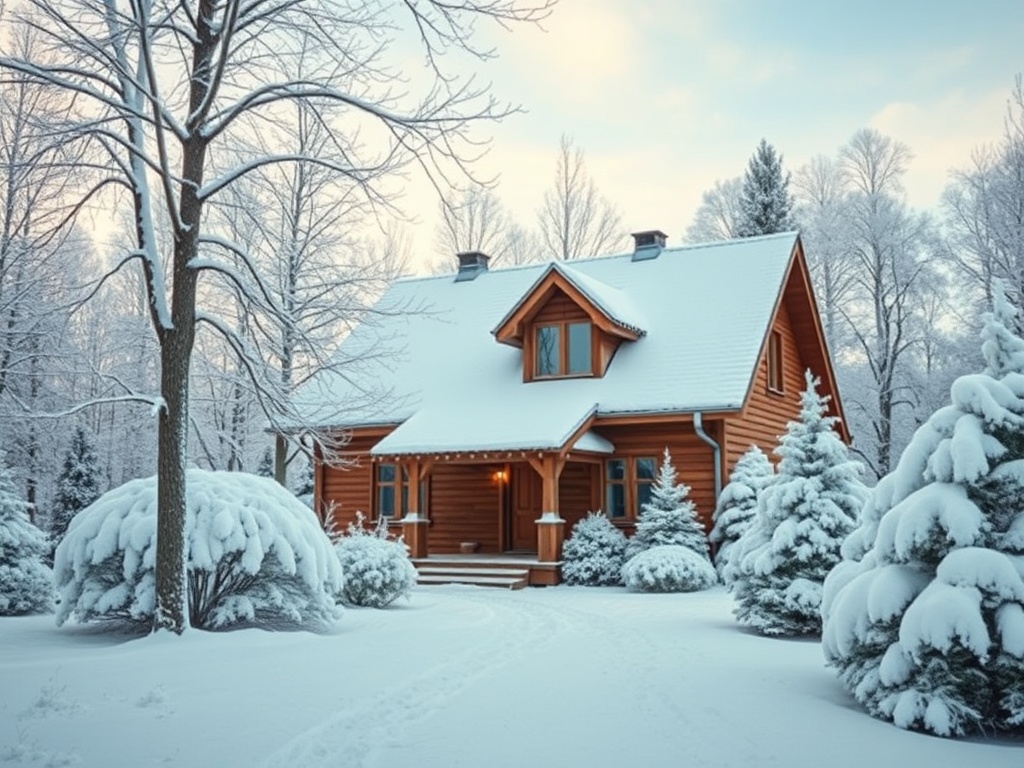 Уютный деревянный дом в зимнем лесу, окруженный снежными деревьями и пушистыми кустами.
