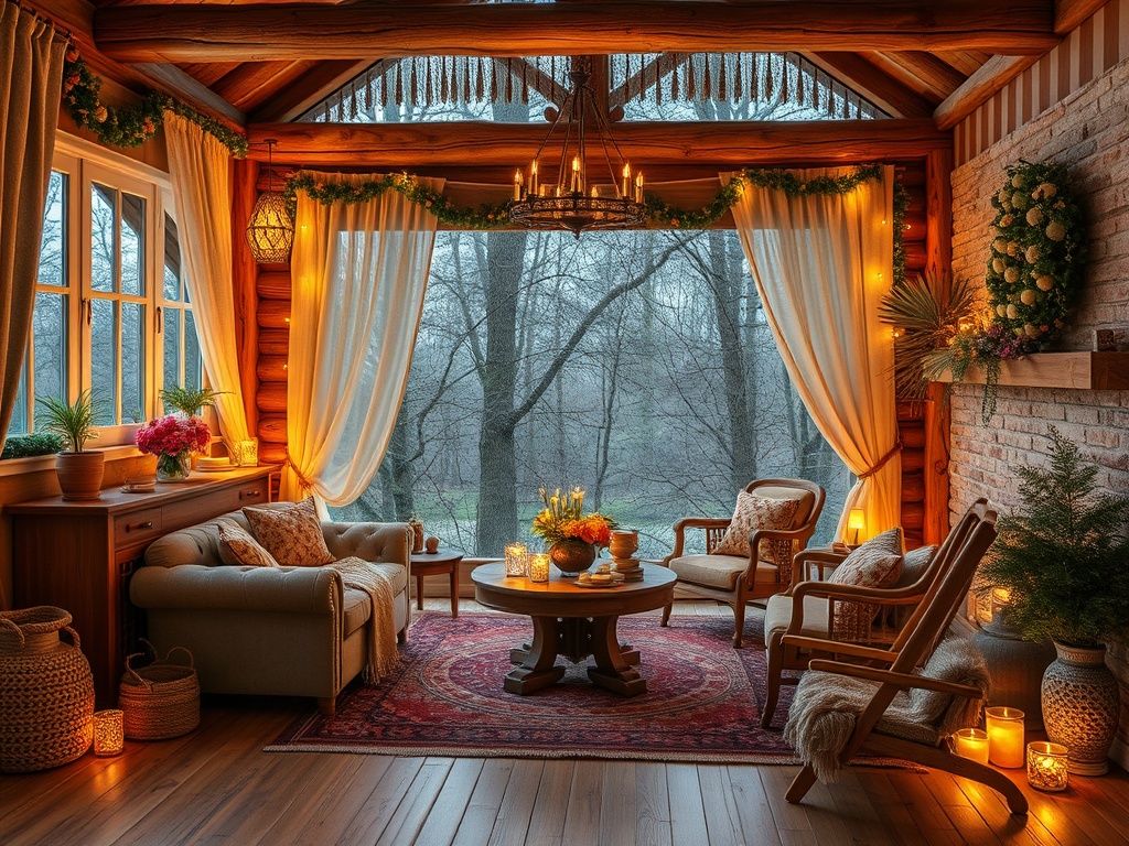 Уютное пространство в загородном доме с мягкой мебелью, свечами и видом на лес через большие окна.