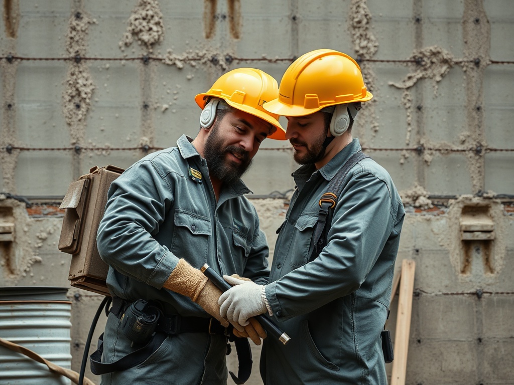 Два строителя в касках обсуждают работу на фоне строительной стены. Они выглядят сосредоточенными и дружелюбными.