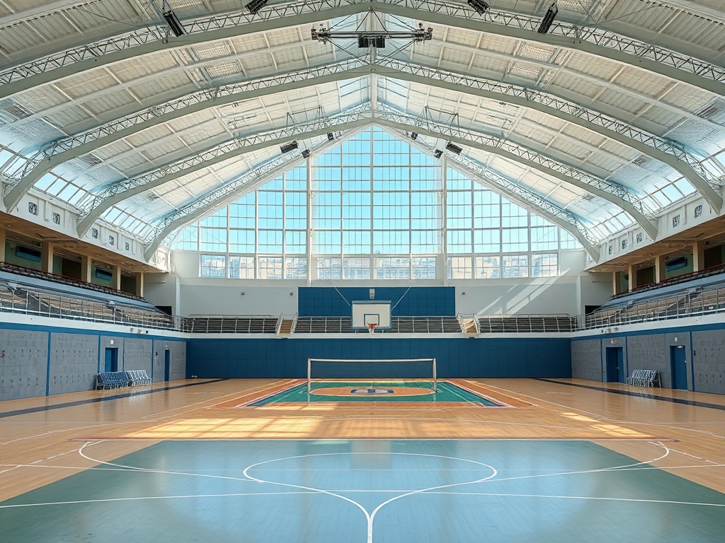 Современный спортивный зал с деревянным полом и большими окнами, освещающими пространство.