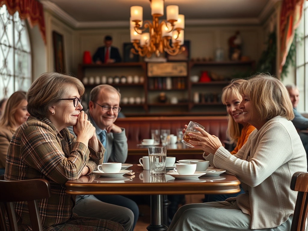 В уютном кафе несколько человек беседуют за столиком с чашками кофе и улыбаются. Атмосфера дружеская и теплая.