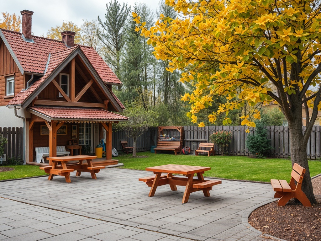 Уютный дворик с домиком, деревянными столами и желтым деревом на фоне зелёной травы и забора.