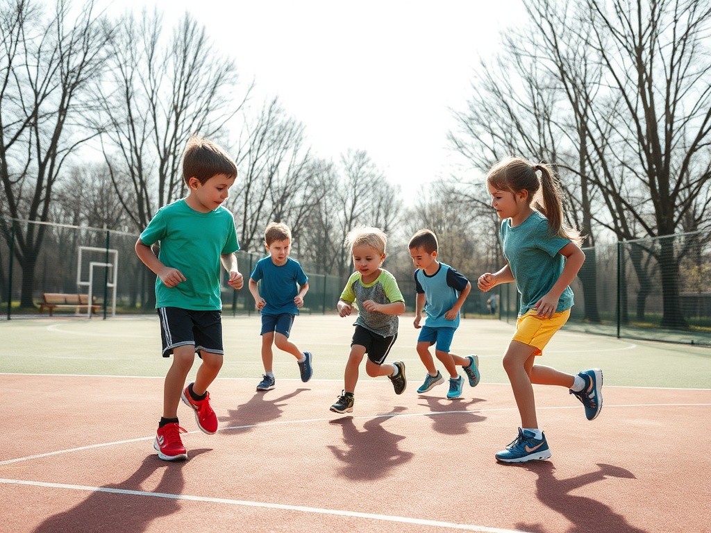 На спортивной площадке весело бегут пятеро детей, радуясь солнечному дню и друг другу.