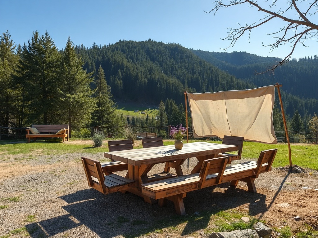 На террасе с деревянной мебелью вид на зелёные холмы и лес в ясный день.