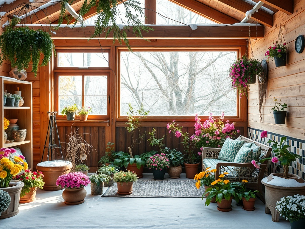 Уютная теплица с цветами, горшками и зелеными растениями, наполненная светом и атмосферой спокойствия.