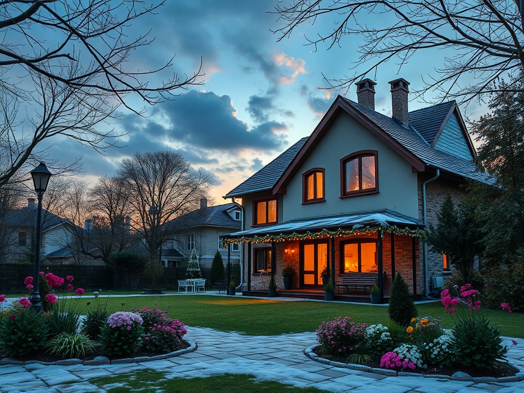 Современный дом на фоне вечернего неба, окружённый цветами и деревьями. Тёплый свет из окон.
