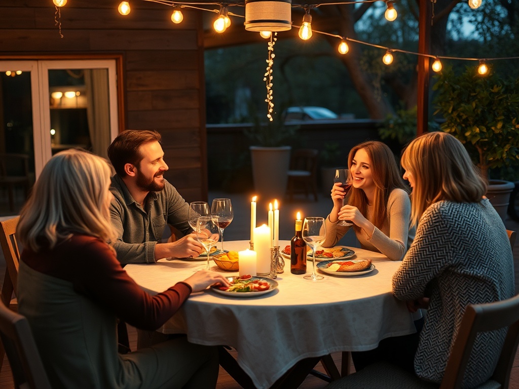 Четыре человека наслаждаются ужином на открытом воздухе при свечах и уютном освещении.