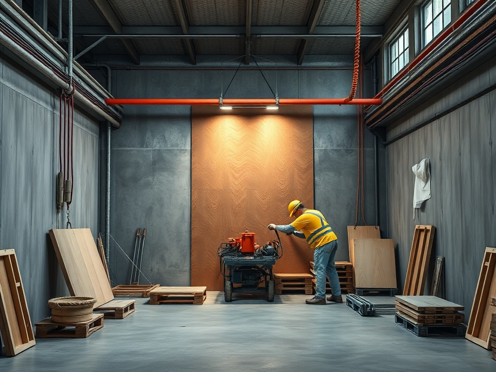 Рабочий в защитной форме и каске работает с инструментом в пустом складском помещении. Деревянные поддоны вокруг.