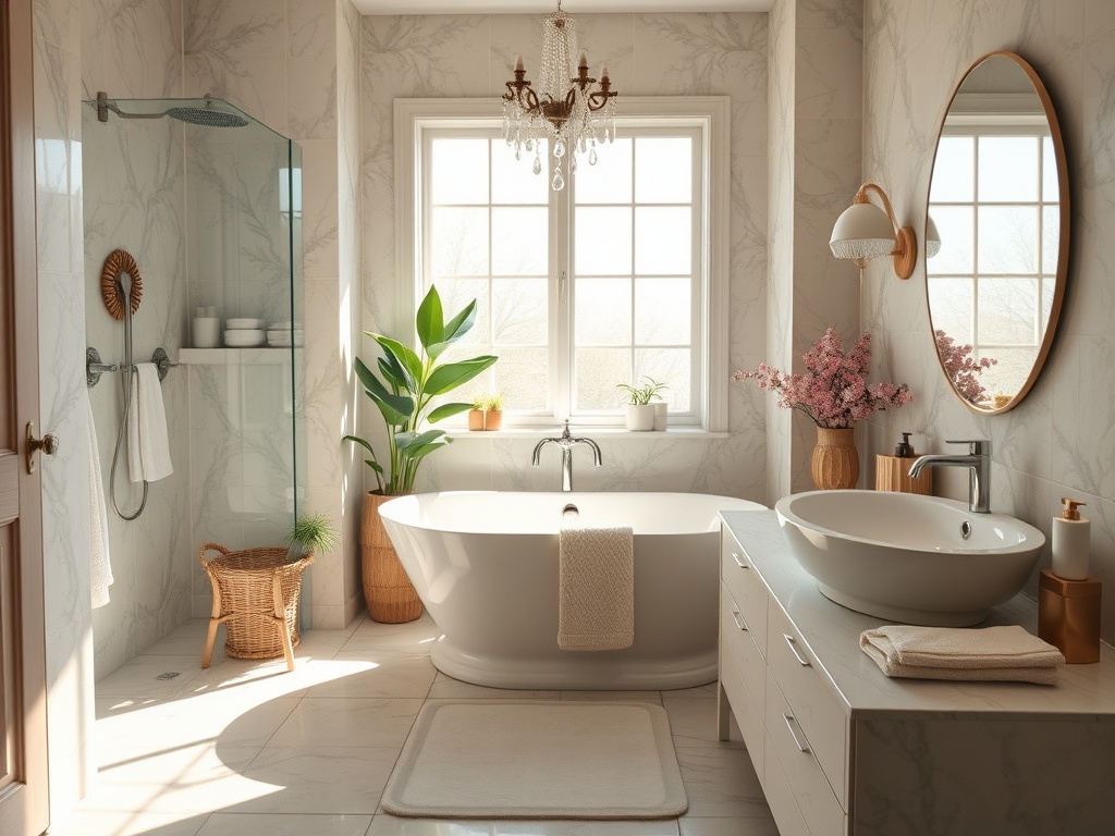 Светлая ванная комната с ванной, душевой кабиной, растениями и зеркалом в элегантном дизайне.