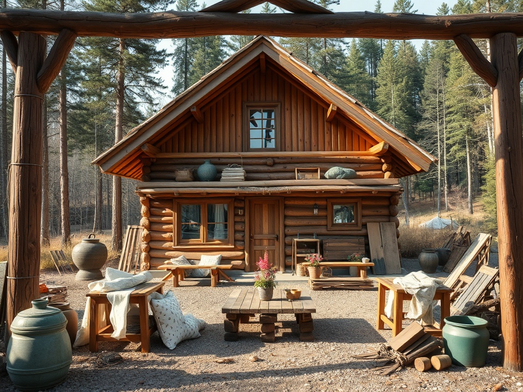 Деревянный дом в лесу, окружённый природой. Мебель на улице и цветы создают уютную атмосферу.