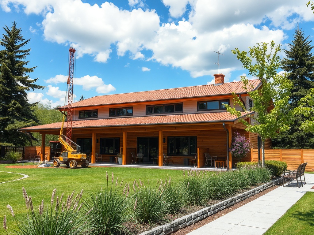 Современный деревянный дом с красной крышей на фоне голубого неба и зелёного сада.