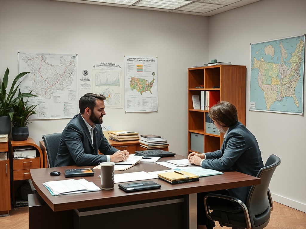 Два человека обсуждают документы за столом в офисе, окруженном картами и полками с папками.