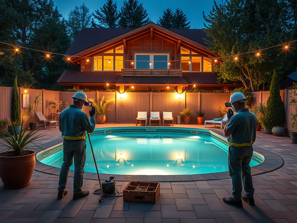 Два рабочих в касках снимают изображение бассейна у дома на фоне вечернего освещения.