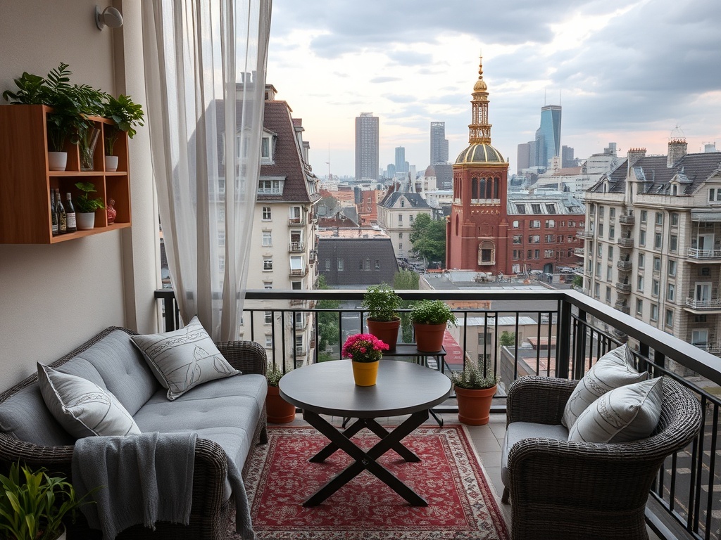 Уютный балкон с мебелью, растениями и видом на город и архитектурные здания.