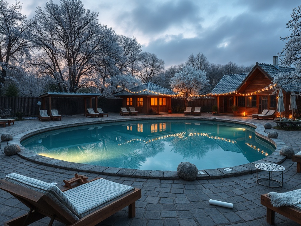 Красивый зимний вечер у бассейна, окруженного снежными деревьями и освещенными коттеджами.