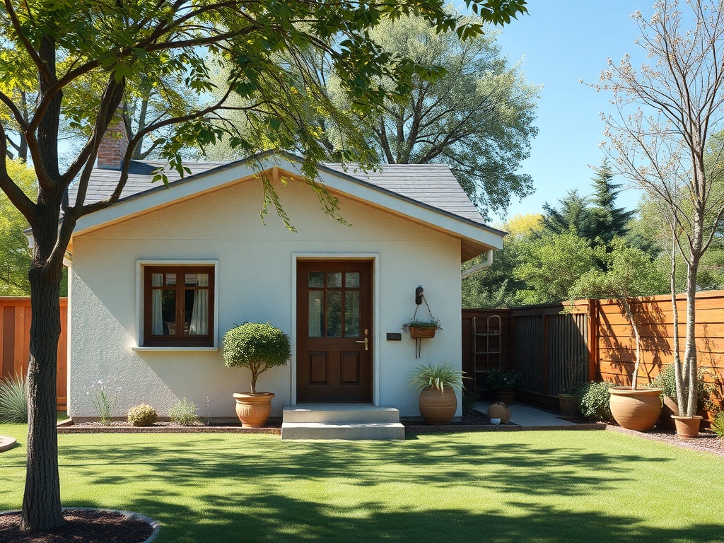 Красивая маленькая белая дом с зелёным газоном и растениями вокруг на солнечном дне.